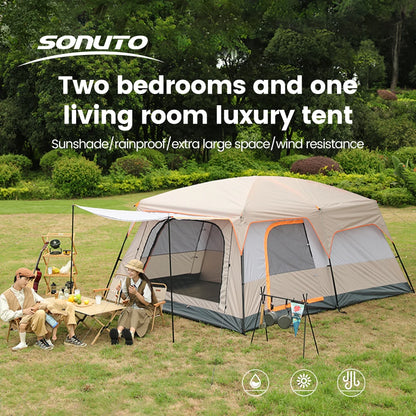 Sonuto Camping Family Tent 3-12 Person Double Layers Oversize 2 Rooms Thickened Rainproof Outdoor Family Camp Tour Equipment